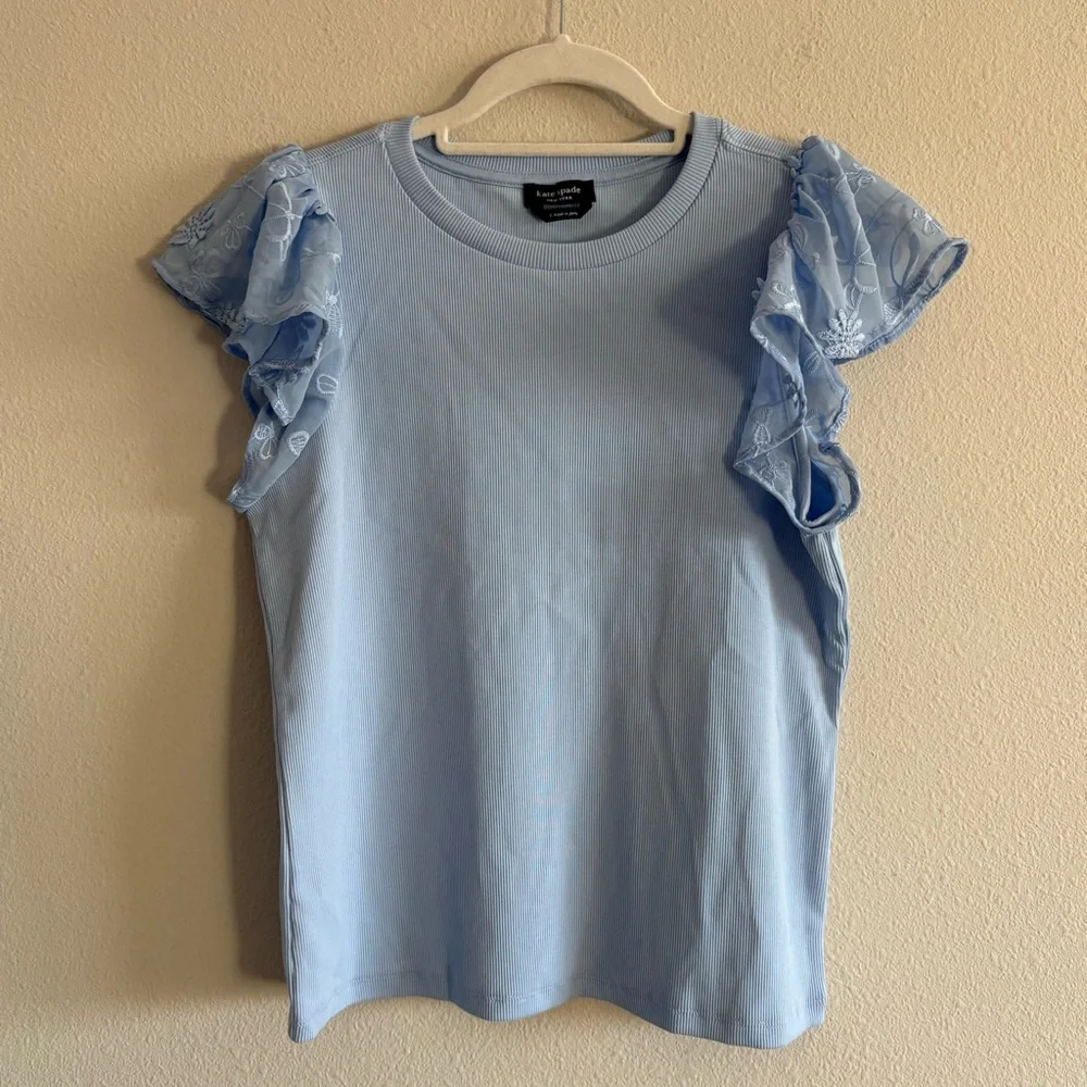 NWOT Kate Spade Mix Media Lace Tee Top Fresh Women’s Small Breeze Blue Ribbed